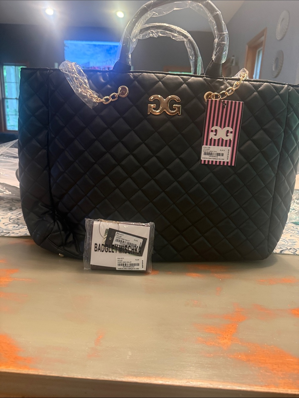 Quilted Black Tote Bag with Gold Chain .Free Badgley Mischka wallet included!